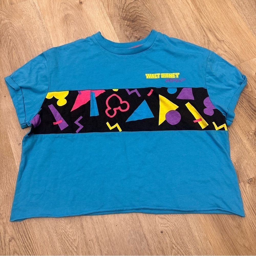 Disney Blue and Black Short Sleeve Crop Tee with Geometric Design